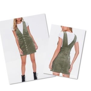 FOREVER 21 Olive Green Corduroy Pinafore Dress Sz L